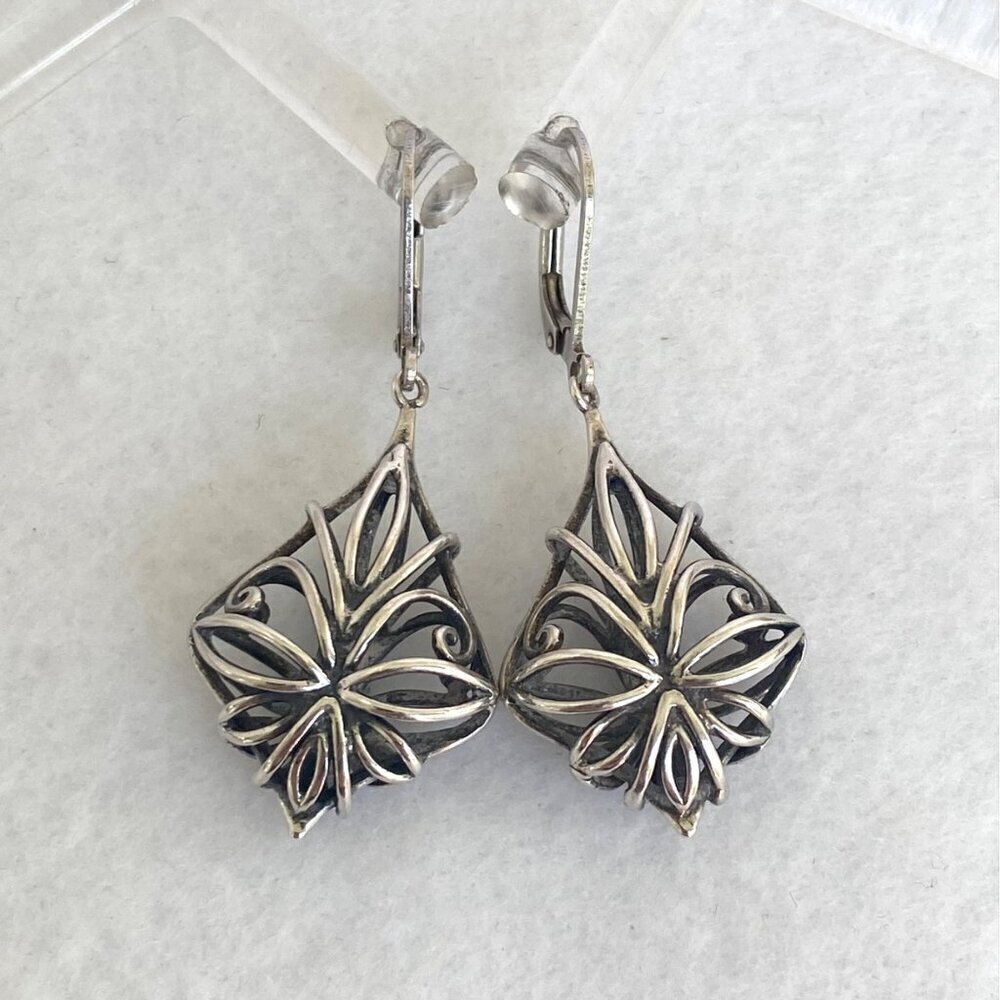 Sterling Silver 925 CFJ Filigree Openwork Scrollwork Leverback Dangle Earrings